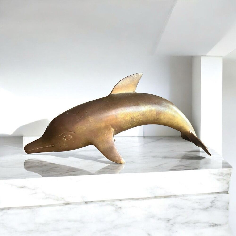 Vintage Large Heavy Solid Brass Dolphin Figurine 8" Curved